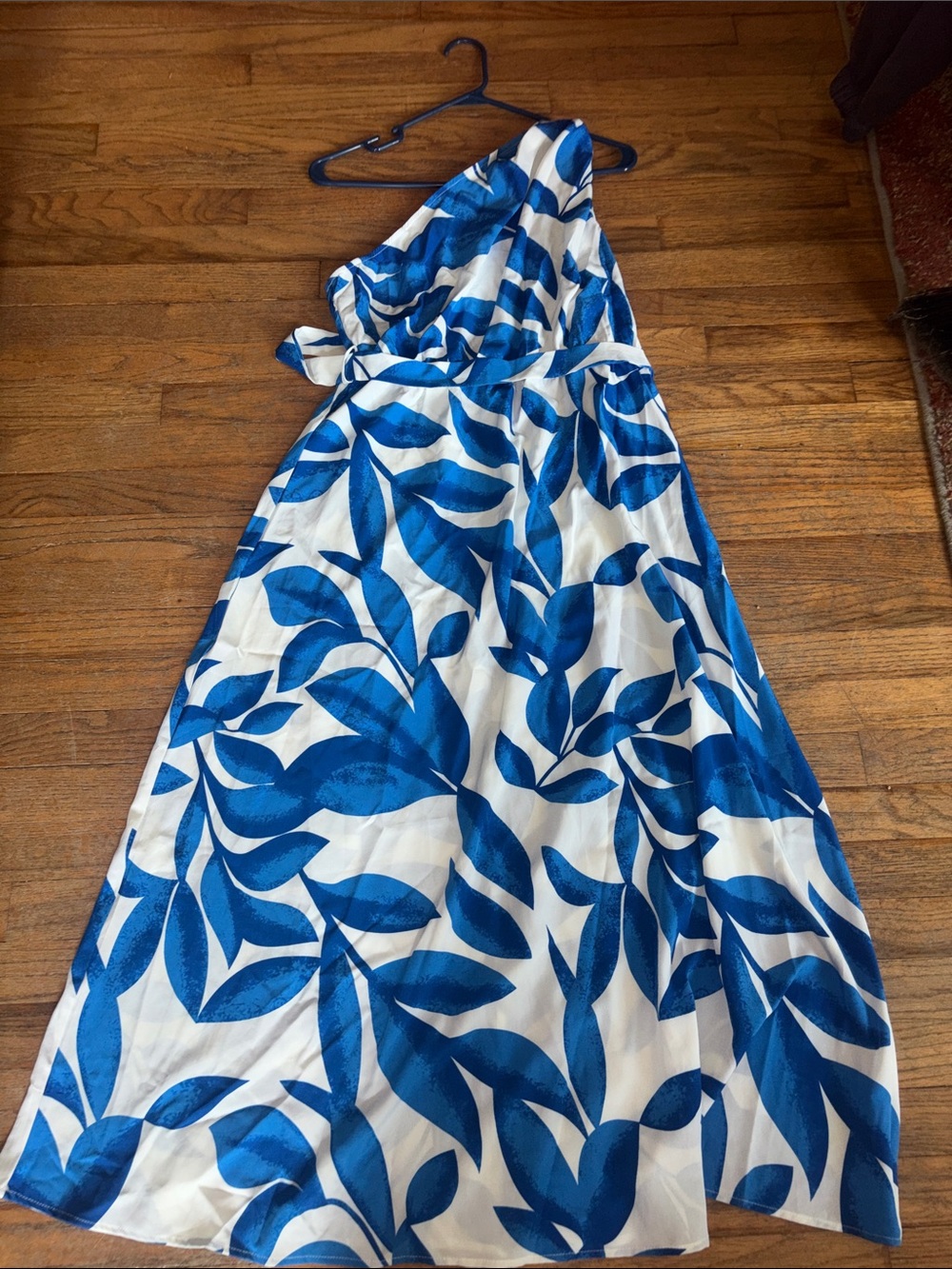 SHEIN Blue and White One-Shoulder Leaf-Print Maxi Dress